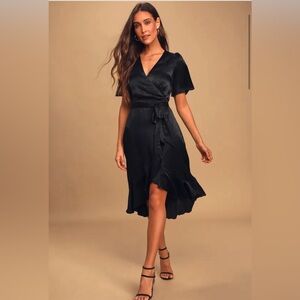 Wrapped Up In Love Black Satin Faux Wrap Mini Dress
